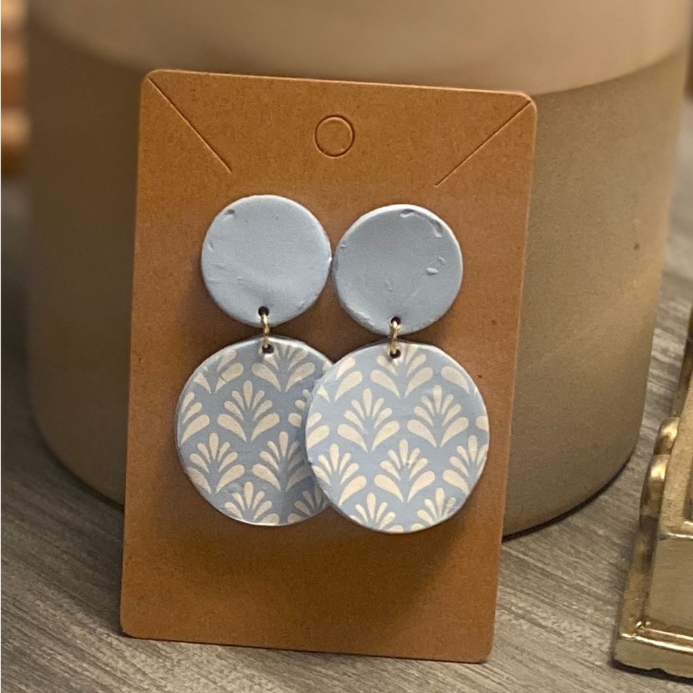 Baby Blue Leaf Print Clay Earrings